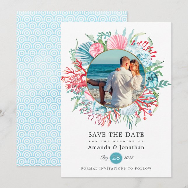 Spara av Teal and Coral Summer Beach Wedding Datumet (Fram/baksida)