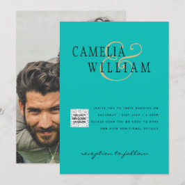 Spara av turkos fotobröllopsinbjudan QR-kod Inbjudningar