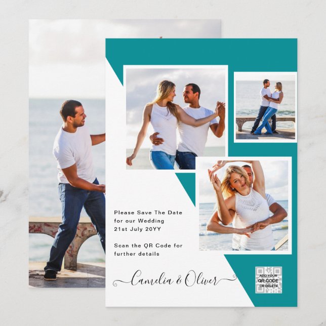 Spara av turkos fotobröllopsinbjudan QR-kod Inbjudningar (Fram/baksida)