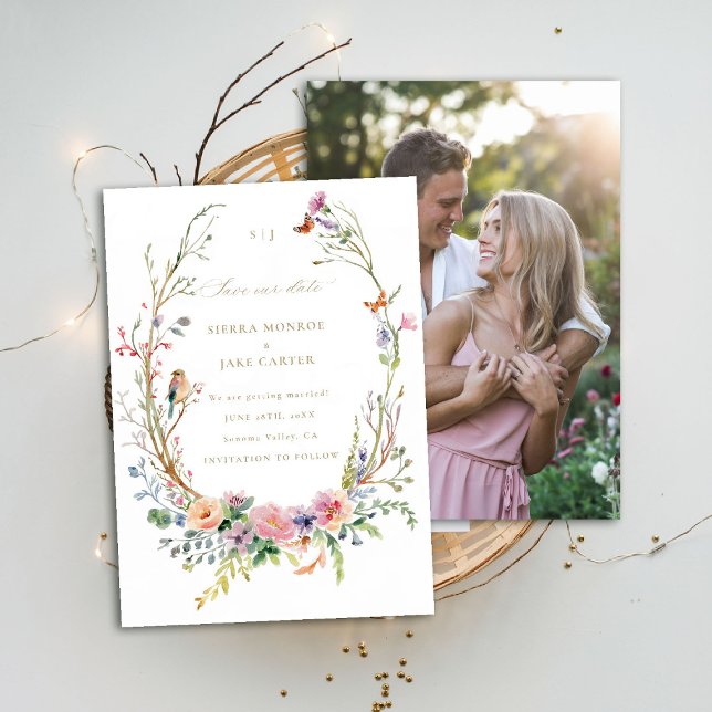 Spara av Wildblommor Magic Garden Photo Bröllop Da Inbjudningar (garden wedding save the date photo wildflowers enchanted woodland forest butterflies bird whimsical)