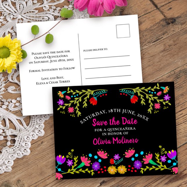 Spara Blommigten Date (mexikansk fiesta Black) Meddelande Vykort (Quinceanera save the date from my Mexican Fiesta Floral collection
)