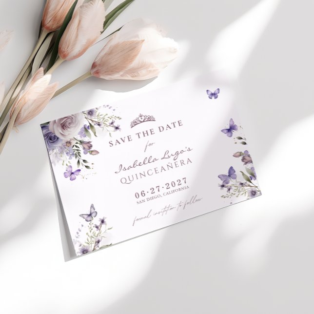 Spara Blommigten Date Quinceañera Lila Butterfly Inbjudningar (Skapare uppladdad)