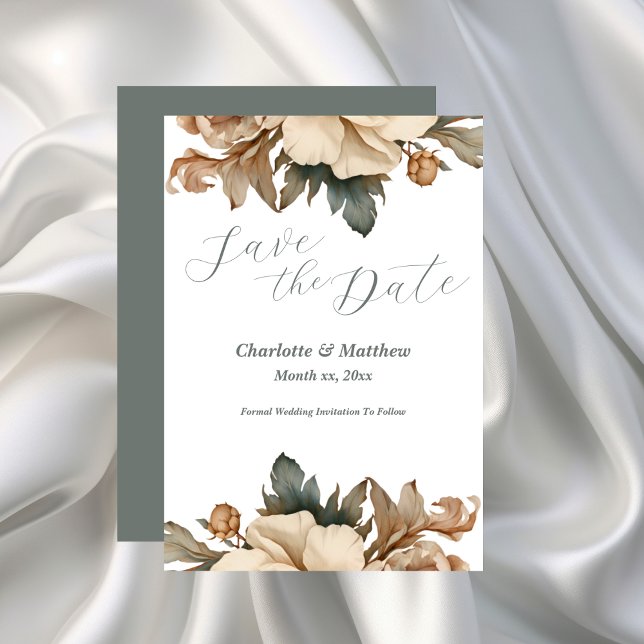 Spara Blommigten Taupe-Elegant för datum Datumet (Elegant Taupe Floral Wedding Save The Date Announcement)