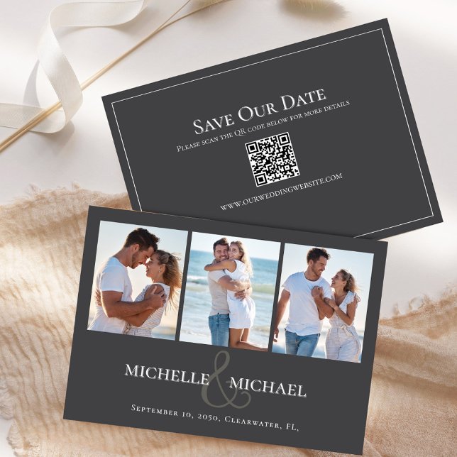 Spara Bröllop-fotosamlingsmallen Spara Datumet (Classic grey multi photo template save the date card)