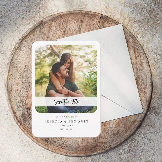 Spara Bröllop-skriptmeddelandet för fotot Anteckningskort (Wedding Save the Date Photo Script Announcement Note Card)