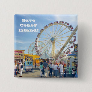 Spara Coney Island! Kvadratisk knapp (blå)