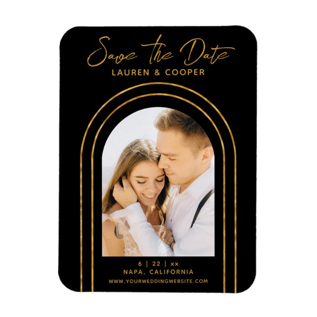 Spara Date Black Guld Snyggt Art Deco Bröllop Magnet (Vertikal)