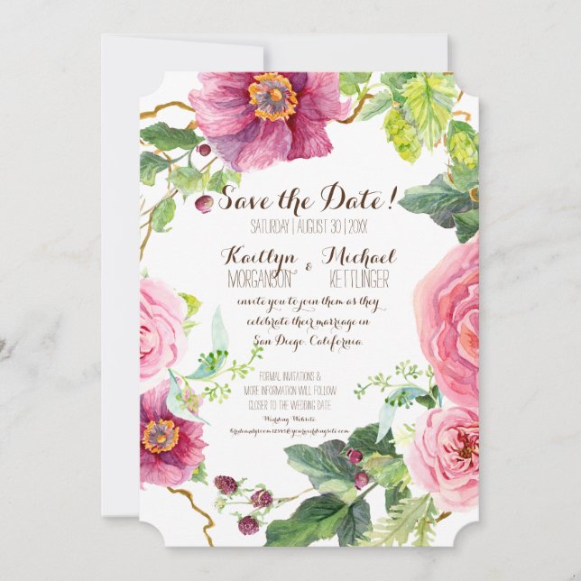 Spara Date Blommigt Watercolor Ro Peony Datumet (Framsida)