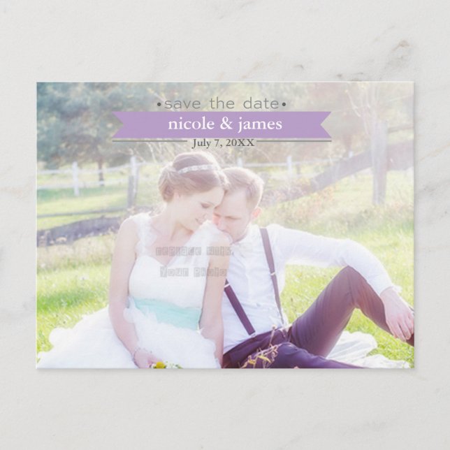 SPARA DATE Lila Typography Photo Postcard Meddelande Vykort (Framsida)