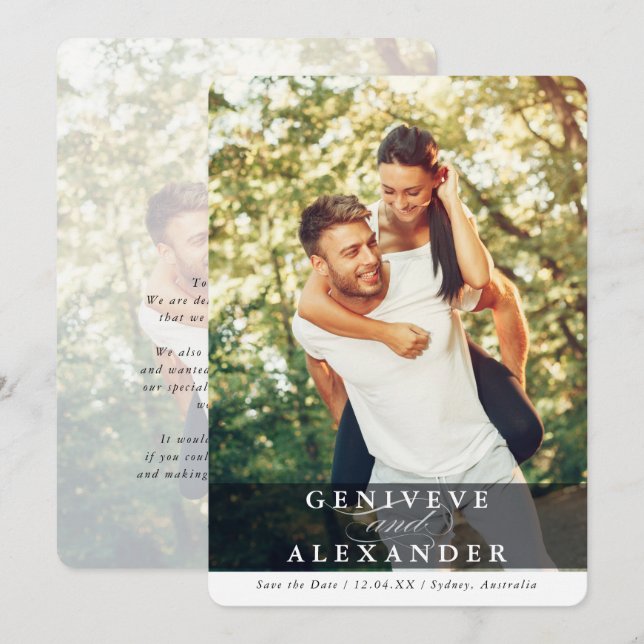 SPARA DATE-övertäckningen för det moderna paret na Inbjudningar (Fram/baksida)