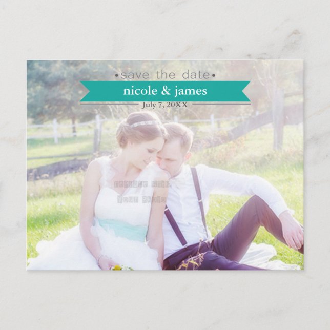 SPARA DATE Teal Typography Photo Postcard Meddelande Vykort (Framsida)