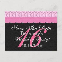 Spara datum 16-årsdag Rosa och svart spets Meddelande Vykort