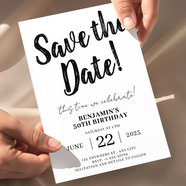 Spara datum 50-årsdag  inbjudningar (50th Birthday Save the Date, Minimal Black and White Invitation, Modern Birthday Invite, Editable Bi)