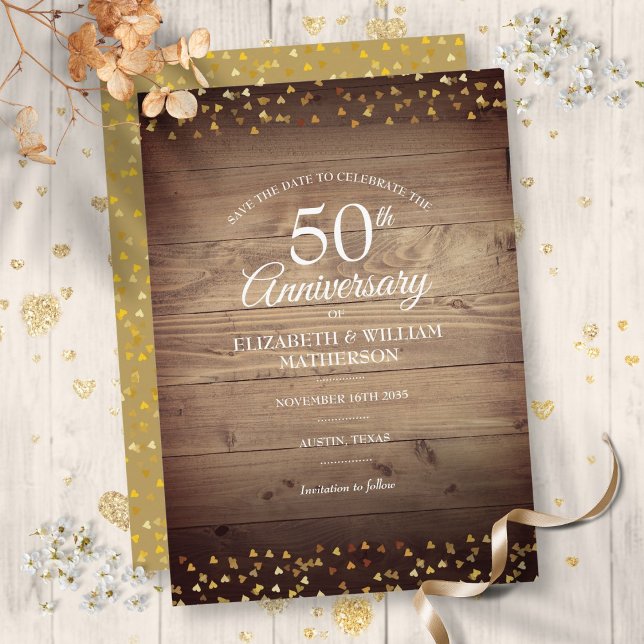 Spara datum 50-årsdagen för Rustic Guld Hearts Inbjudningar (Save the Date 50th Anniversary Rustic Gold Hearts Invitation)
