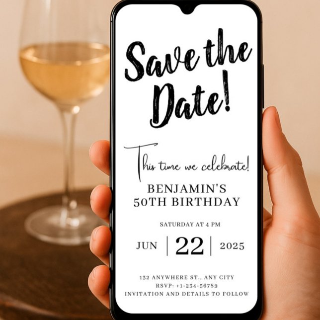 Spara datum 50-dagars Mobil inbjudan unik ( Save The Date 50 Birthday, Electronic Save The Date, Birthday Invitation, Unique Editable Bday)