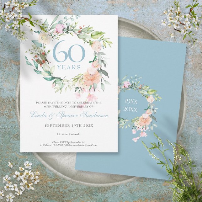 Spara datum 60-årsjubileum Rosor Garland Datumet (Save the Date 60th Anniversary Roses Garland)
