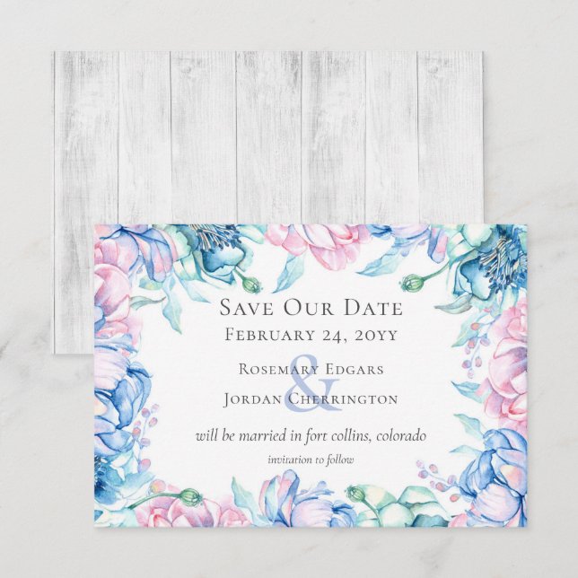 Spara datum Akvarell Blommor & Rustik Träkort Inbjudningar (Fram/baksida)