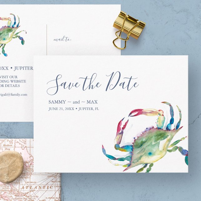 Spara Datum Akvarell Krabba Postkort Vykort (non photo wedding save the date invitations feature watercolor crab art by Victoria Grigaliunas)