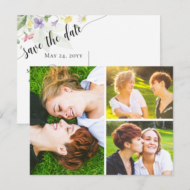 Spara Datum Akvarell Vilda Blommor 3-Foto Vykort (Fram/baksida)