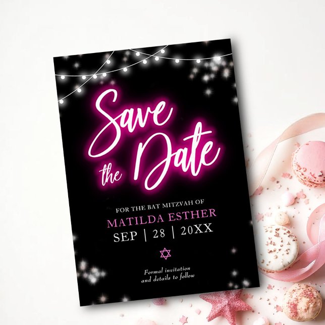 Spara datum Bat Mitzvah Hot Pink Neon Tema Inbjudningar (Skapare uppladdad)