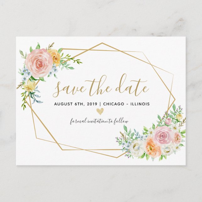 Spara datum blommigt vattenfärgsvykort för rosa av meddelande vykort (Framsida)