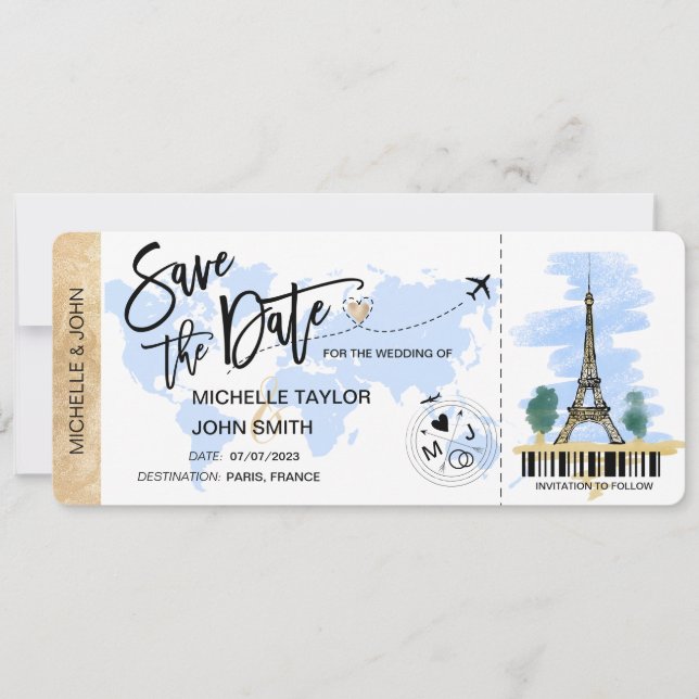 Spara datum Boarding Pass Paris Bröllopsinbjudan Inbjudningar (Framsida)