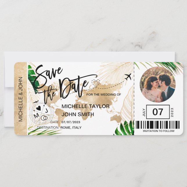 Spara datum Boarding Pass Världskarta Strand Foto Inbjudningar (Framsida)