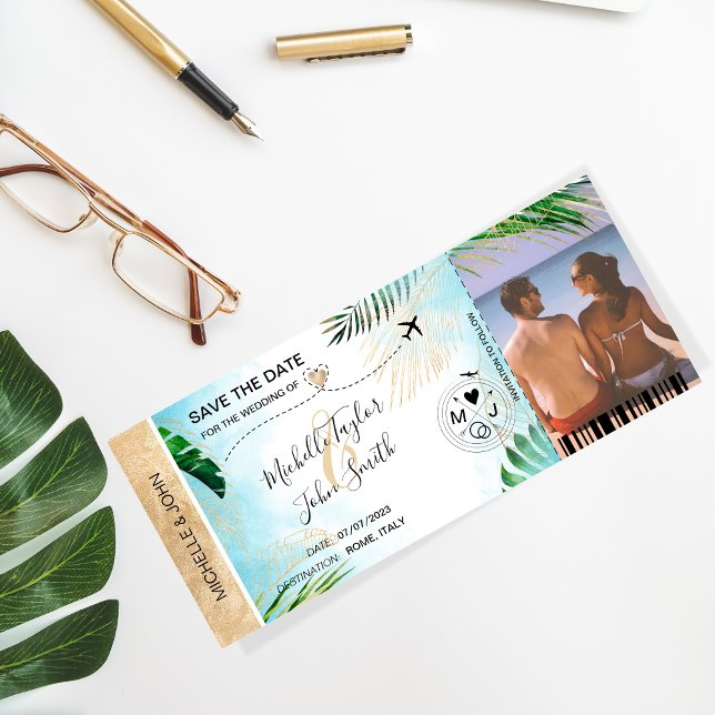 Spara datum Boarding Pass Världskarta Strand Foto Inbjudningar (Skapare uppladdad)