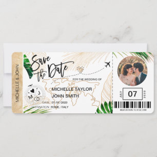 Spara datum Boarding Pass Världskarta Strand Foto Inbjudningar
