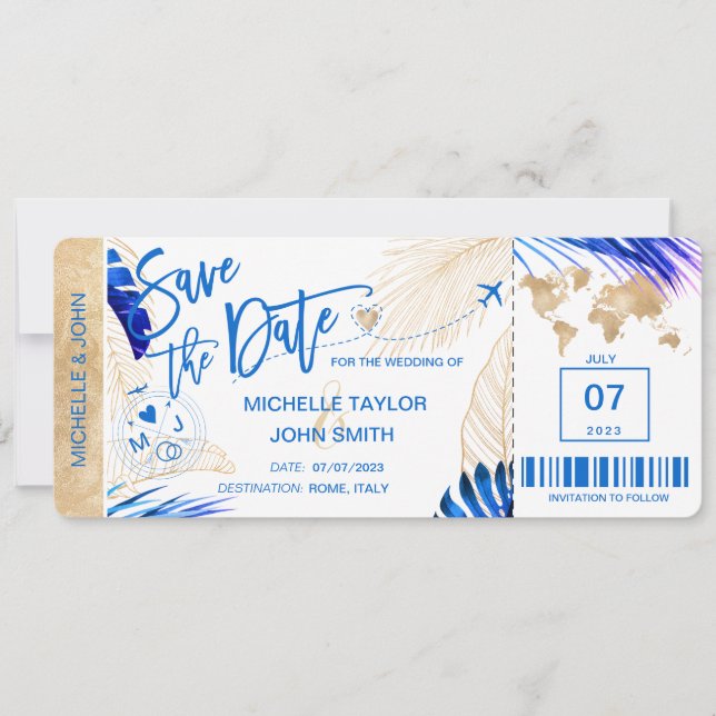 Spara datum Boarding Pass Världskarta Strand Inbju Inbjudningar (Framsida)