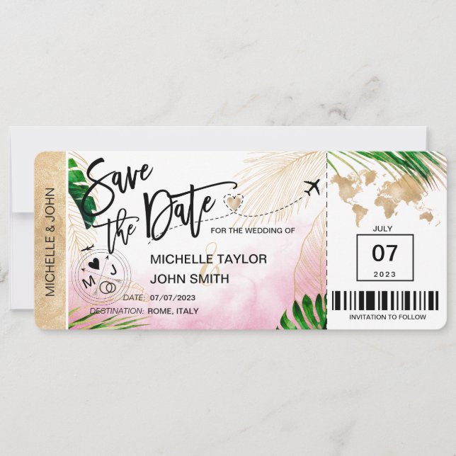 Spara datum Boarding Pass Världskarta Strand Inbju Inbjudningar (Framsida)