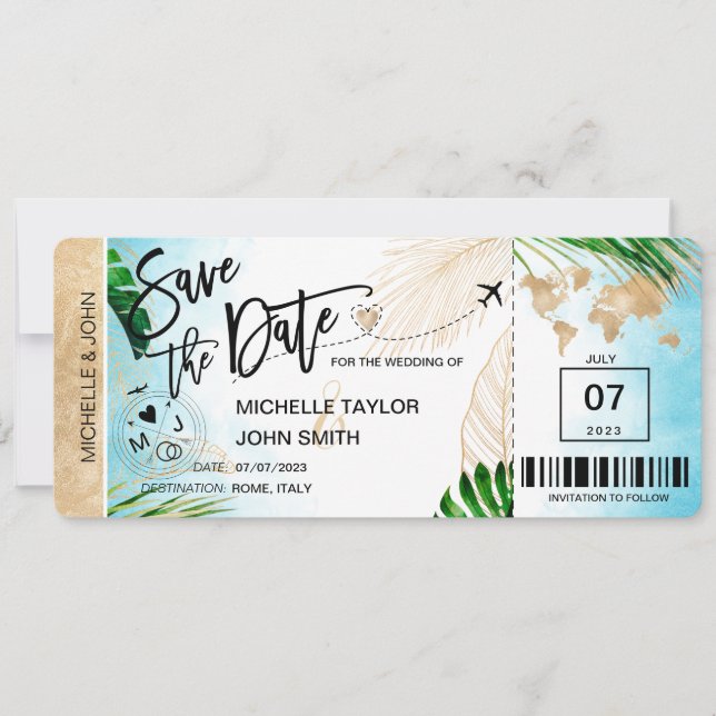Spara datum Boarding Pass Världskarta Strand Inbju Inbjudningar (Framsida)