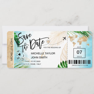 Spara datum Boarding Pass Världskarta Strand Inbju Inbjudningar