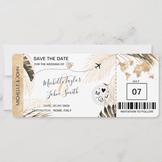 Spara datum Boarding Pass Världskarta Strand Spara Inbjudningar (Framsida)