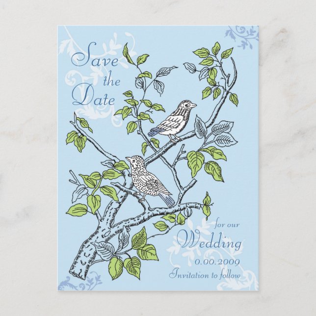 SPARA DATUM BREVKORT, BRÖLLLOP, KÄRLEKSFÅGLAR MEDDELANDE VYKORT (Framsida)