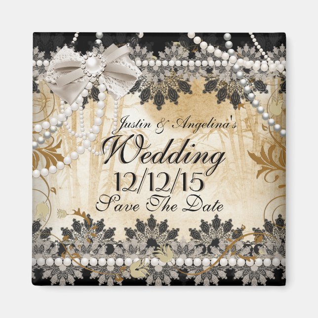 Spara datum Bröllop Black Cream Beige Magnet (Framsidan)