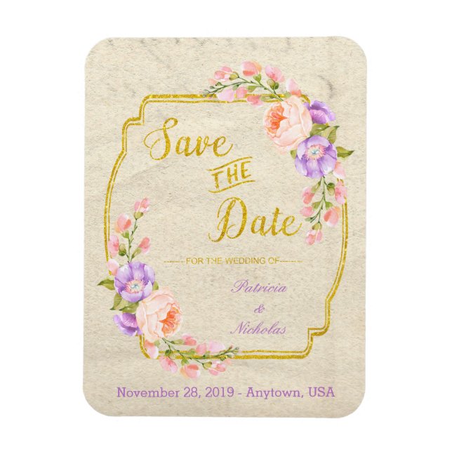 Spara datum Bröllop Blommigt och Guld Magnet (Vertikal)