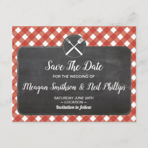 Spara datum Bröllop Card Red Gingham Chalk BBQ Datumet