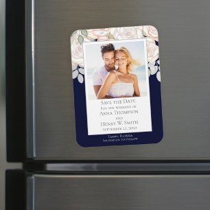 Spara datum bröllop elegant modern marinblå magnet