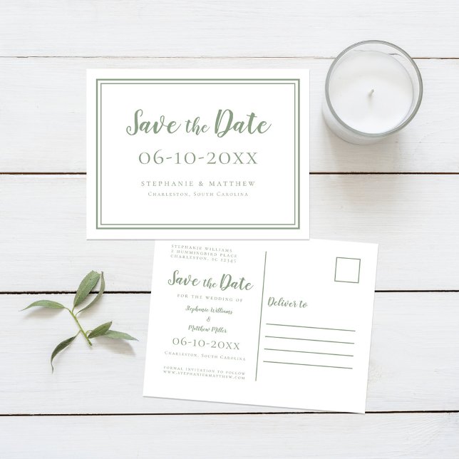 Spara Datum Bröllop Grönt & Vitt Enkelt Modernt Meddelande Vykort (Save The Date Wedding Green & White Simple Modern Announcement Postcard)