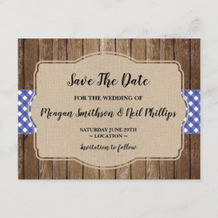 Spara datum-Bröllop-kortet Blue Gingham Burlap BBQ Datumet