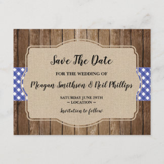 Spara datum-Bröllop-kortet Blue Gingham Burlap BBQ Datumet