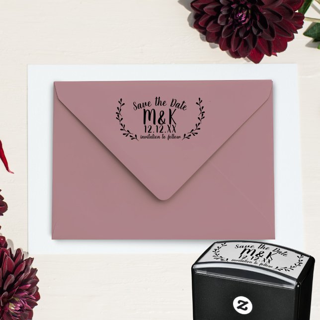 Spara datum Bröllop Laurel-andedräkten Självfärgande Stämpel (Add your initials and wedding date to this casual Save the Date self inking stamp & get stamp happy)