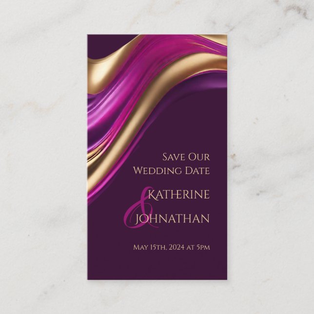 Spara datum-Bröllop-Lila Fuchsia och Guld- Visitkort (Framsida)
