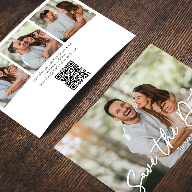 Spara datum bröllopsfoto Kalligrafi manus Inbjudningar (Wedding save-the-date photo card with a four-photo collage template. )