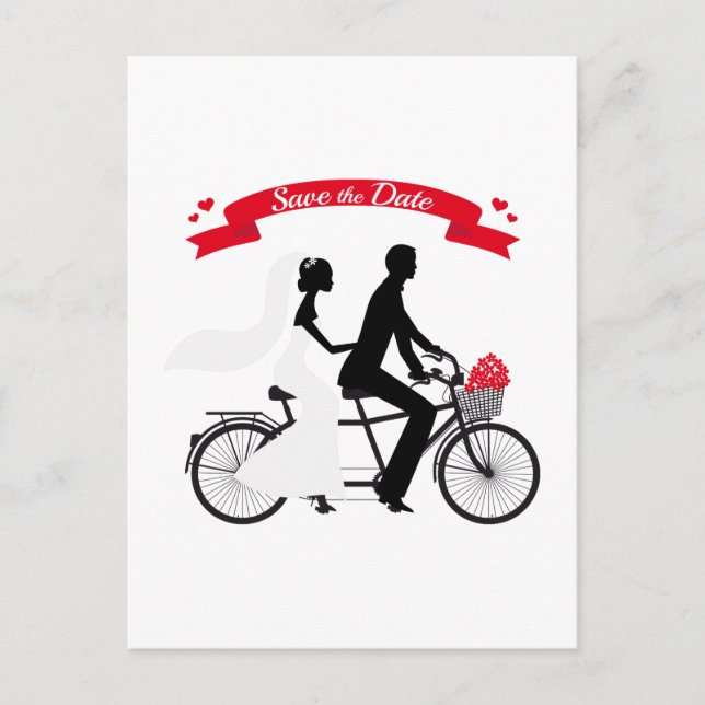 Spara datum, bröllopsinbjudan tandem cykel meddelande vykort (Framsida)
