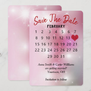 Spara datum bröllopskalender på rosa bokeh inbjudningar