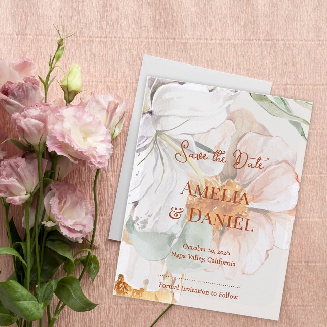 Spara datum bröllopskort | Blommande rosé persika Meddelande Vykort (Save the Date Wedding Card | Floral Blush Peach)