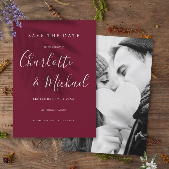Spara datum Burgundy Foto Bröllop Inbjudningar (Save the Date Burgundy Photo Wedding Invitation)