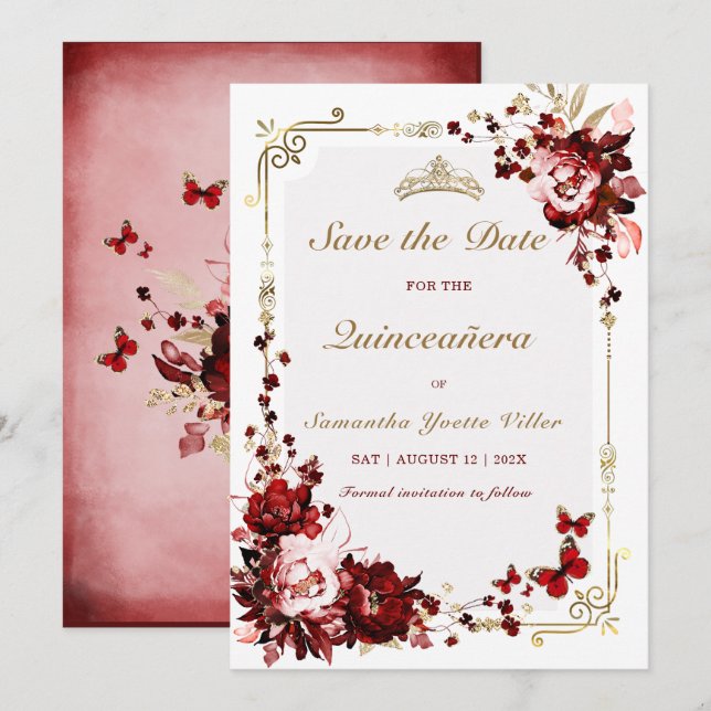 Spara Datum Burgundy och Guld Quinceanera Inbjudningar (Fram/baksida)
